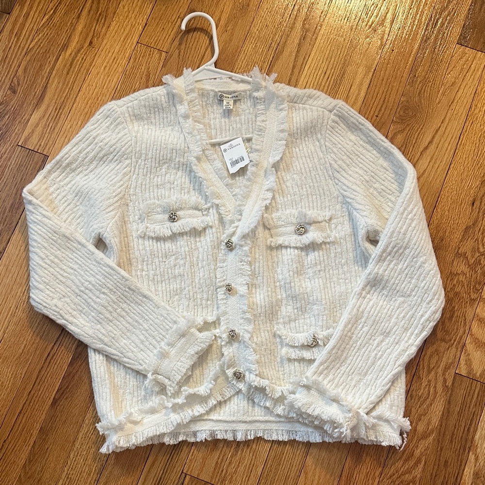 Cream Textured Cardigan with Fringe